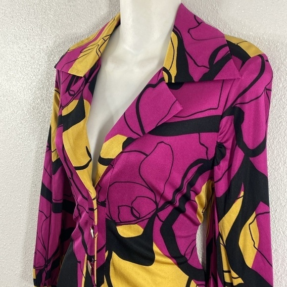 Anthropologie Yoana Baraschi Magenta Pink Yellow Black Floral Silk Shirt Dress M - Picture 8 of 14